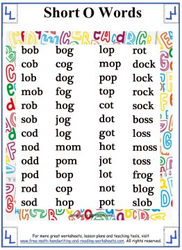 Short Vowel Sound - Word Lists