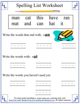 First Grade Spelling Words: -an & -at
