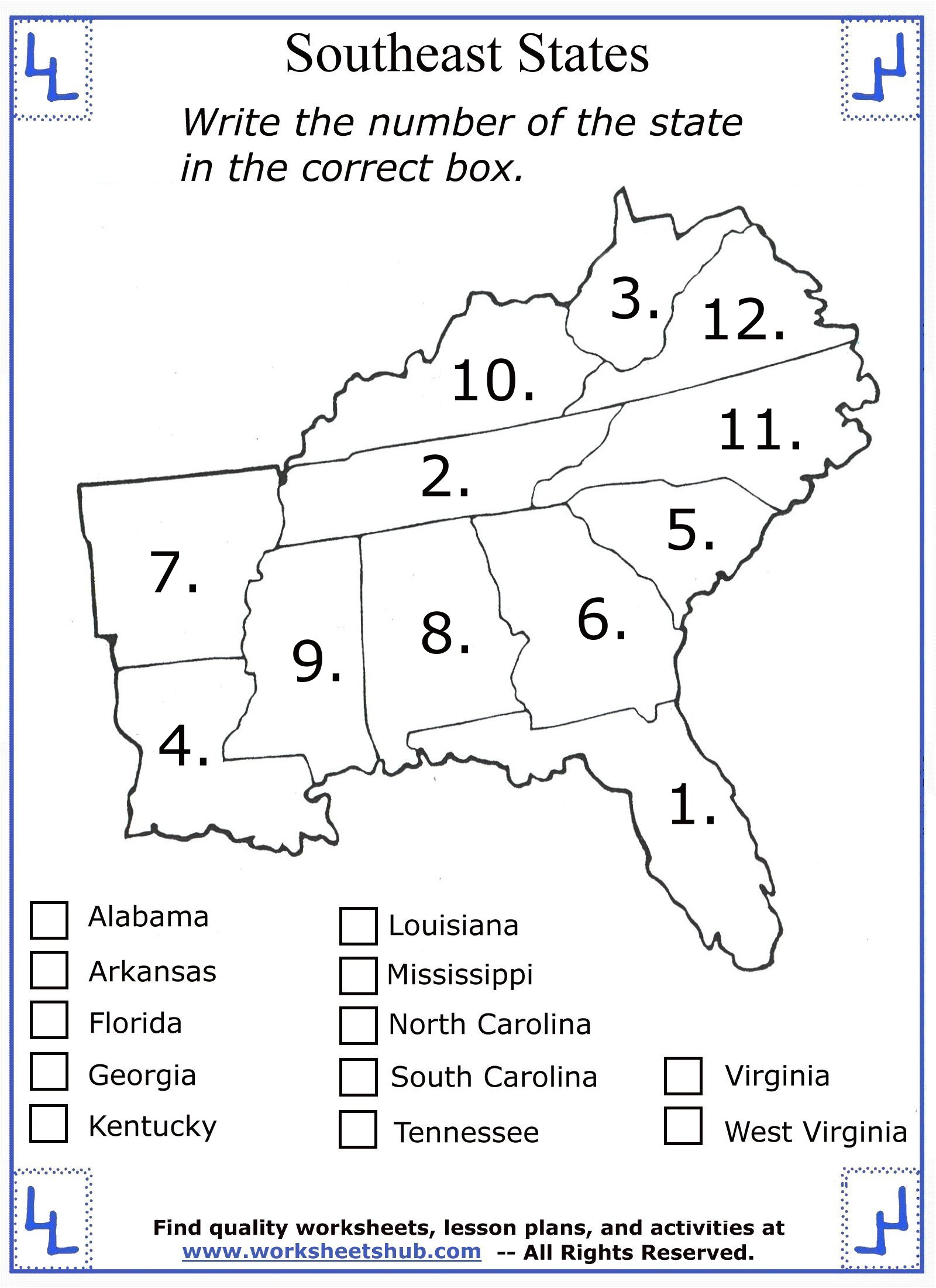 20th Grade Social Studies - Southeast Region States In 3rd Grade Social Studies Worksheet