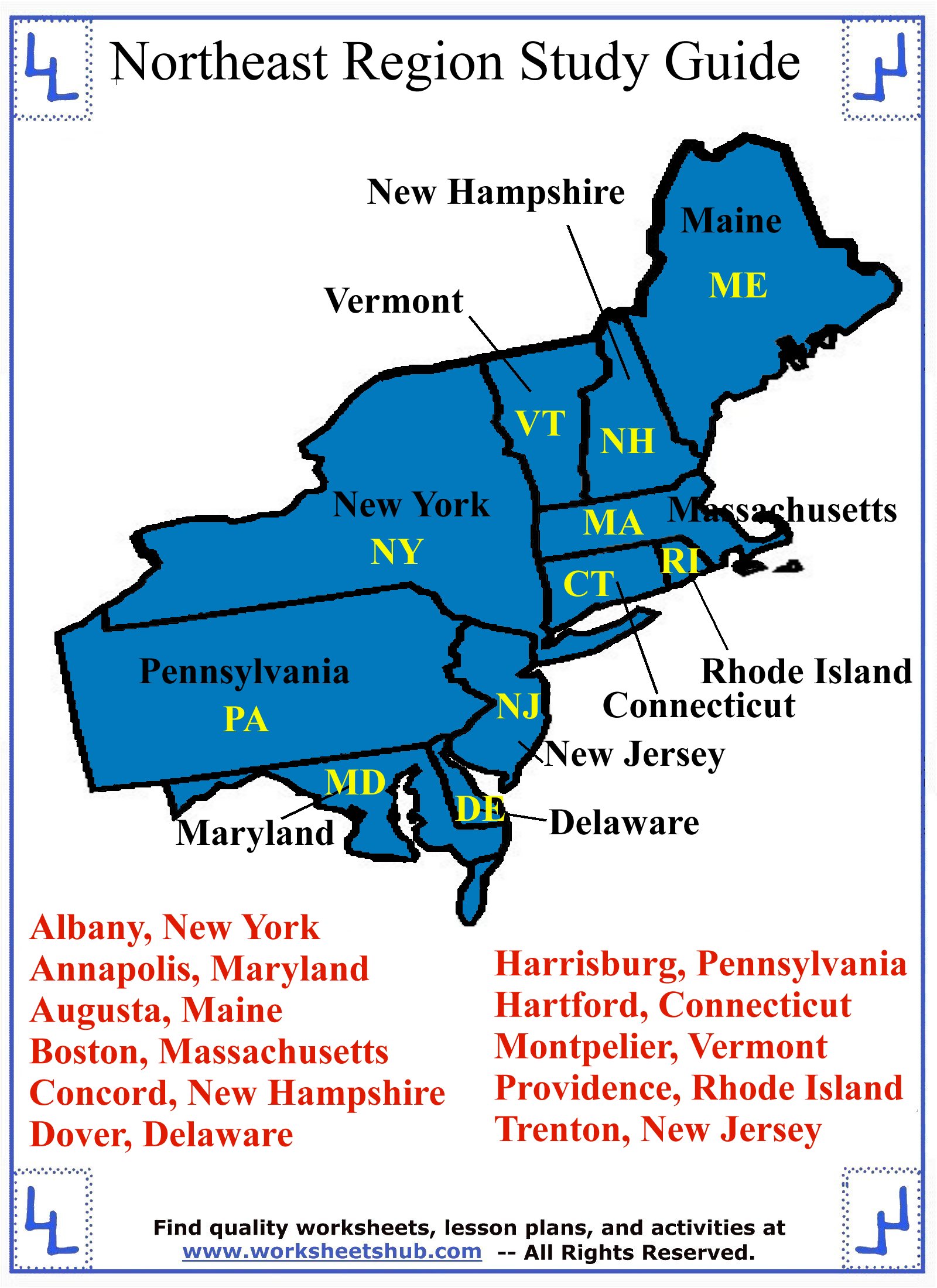 Northeastern States Map With Capitals