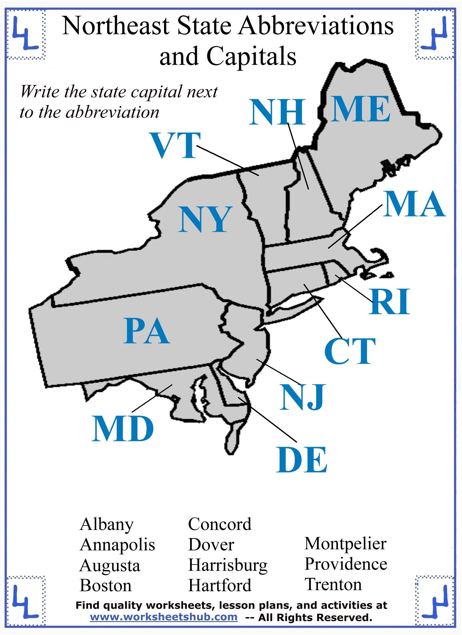 Printable Northeast States And Capitals Map