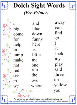 Pre-Primer Sight Words List sight words list 1