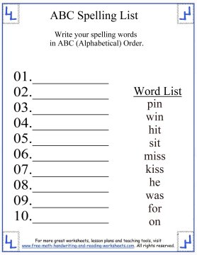 Spelling First Grade Words Short I